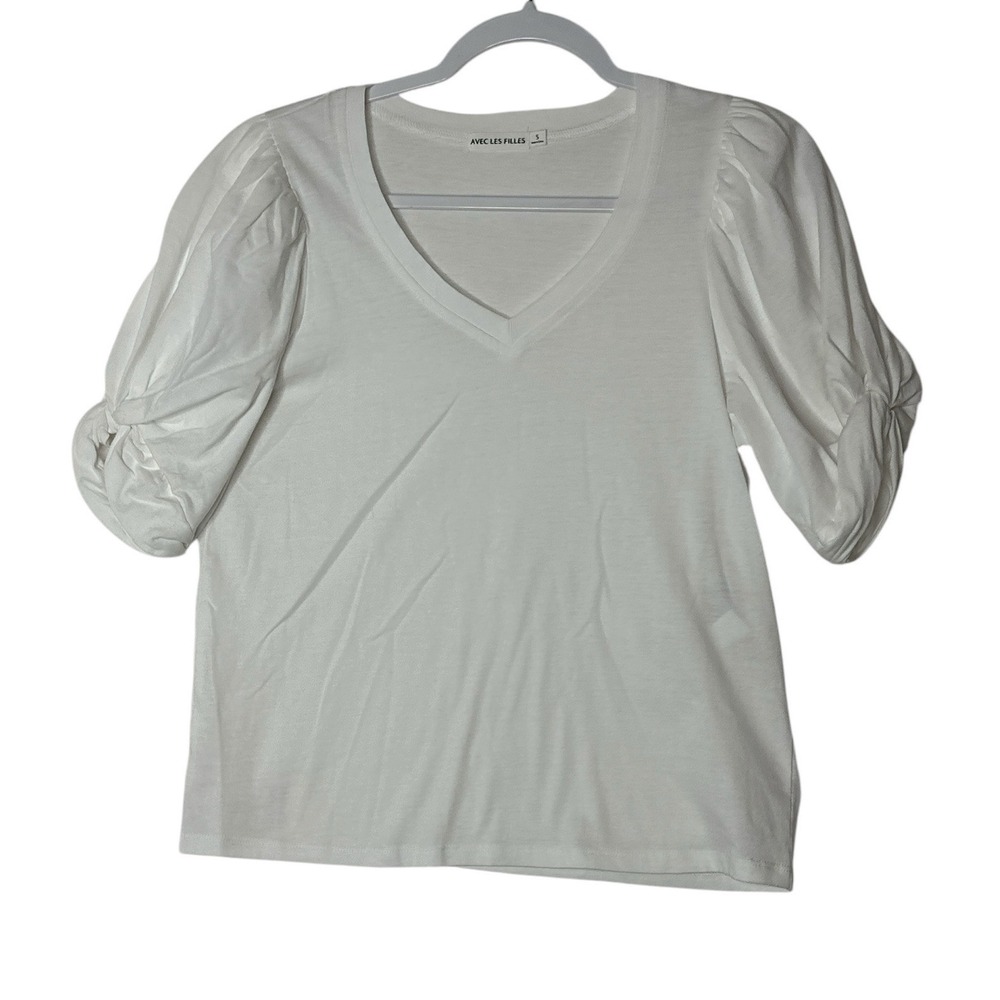 Avec Les Filles Top Womens Small White Short Sleeve Classic Formal Stretch‎
